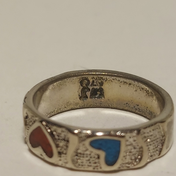 Vintage Silver Ring Crushed Turquoise & Coral Hearts Ring Size 7 Signed - Picture 9 of 11